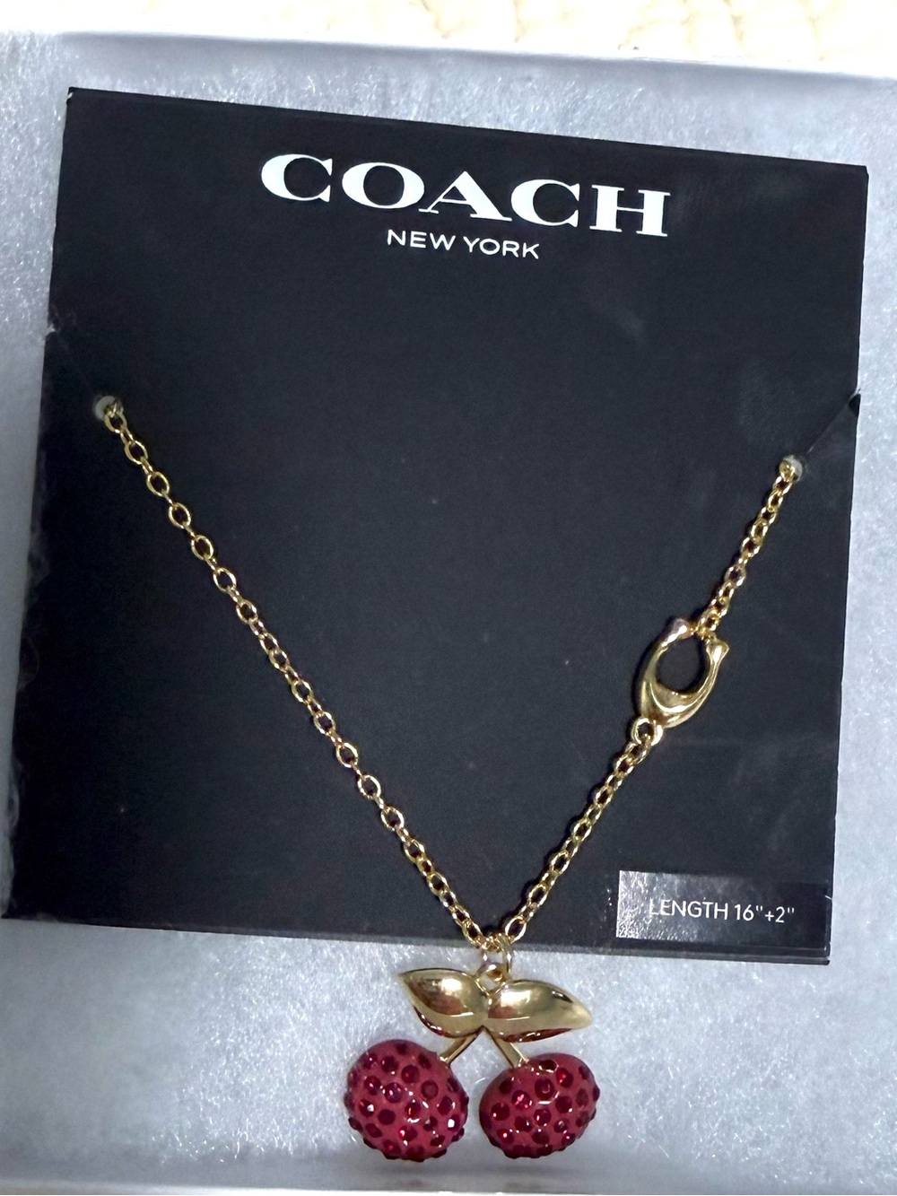 COACH Gold-Tone Cherry Necklace with Red Crystal Cherries! NWT